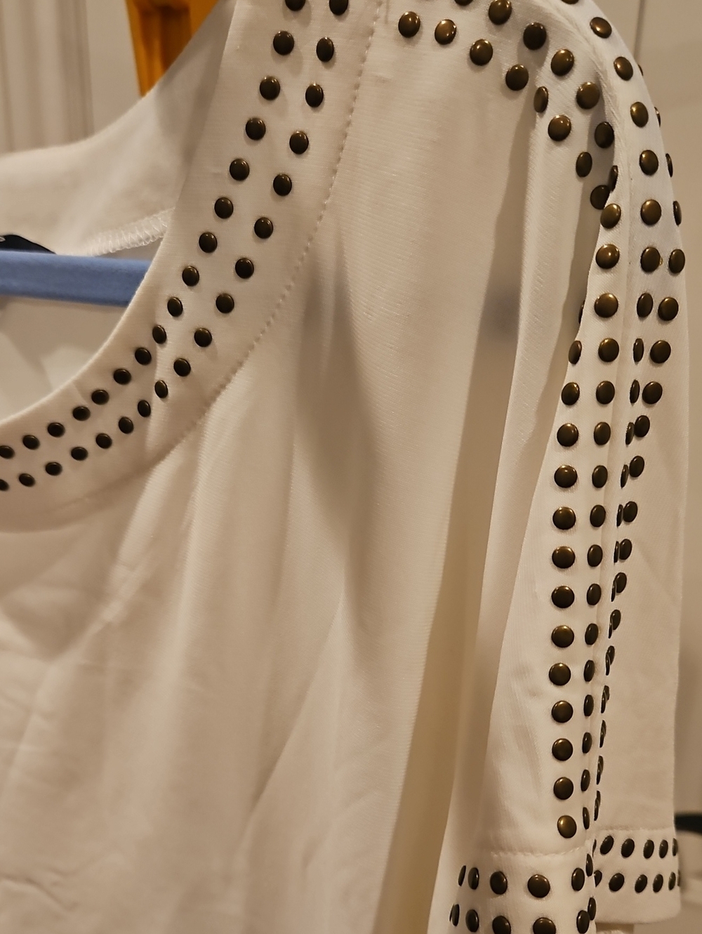Espresso Cream Short Sleeve Top with Dark Stud Trim Size L